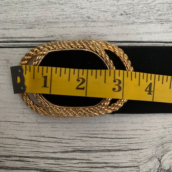 Vintage Wide Statement Cinch Waist Belt M Black Elastic Gold Glam Buckle 90s 80s - Picture 6 of 10